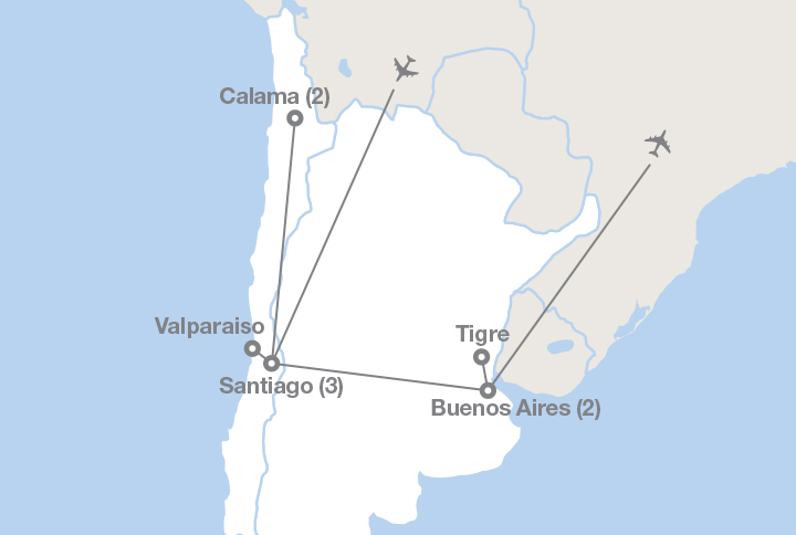 Image displaying map describing the itinerary of the Chile and Argentina tour
