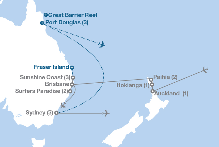 Image displaying map describing the itinerary of the Expedition to Australia & New Zealand tour