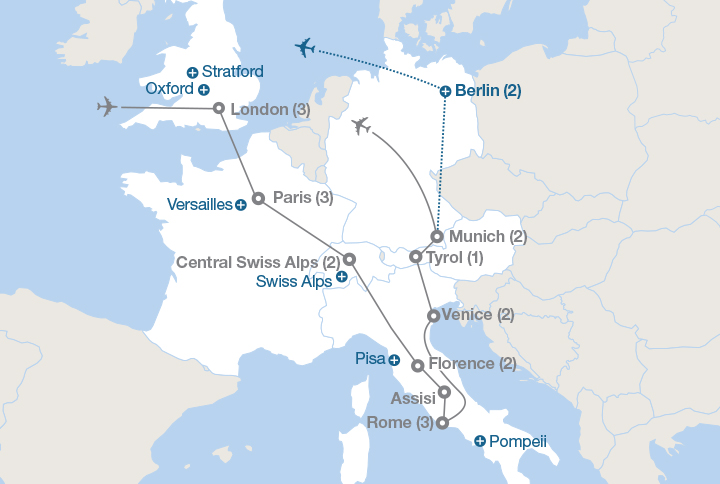 Image displaying map describing the itinerary of the European Kaleidoscope tour