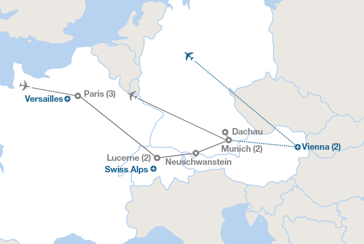 Image displaying map describing the itinerary of the France, Germany and the Alps tour