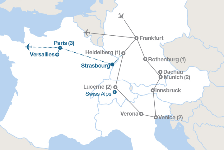 Image displaying map describing the itinerary of the Germany, Italy and Switzerland tour