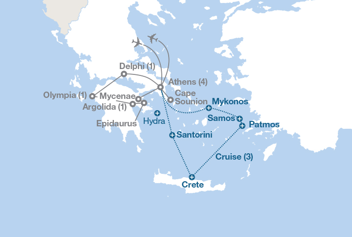 Image displaying map describing the itinerary of the Grecian Odyssey tour