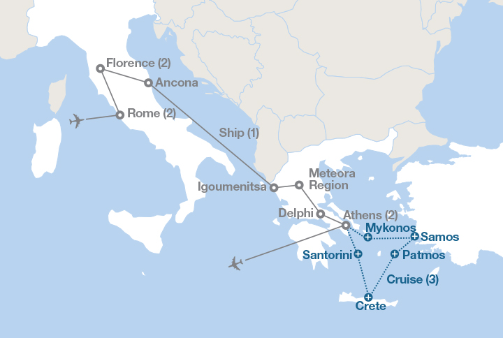 Image displaying map describing the itinerary of the Italy and Greece tour