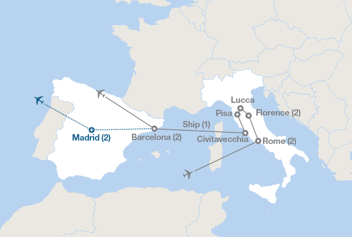 Image displaying map describing the itinerary of the Mediterranean Journey tour