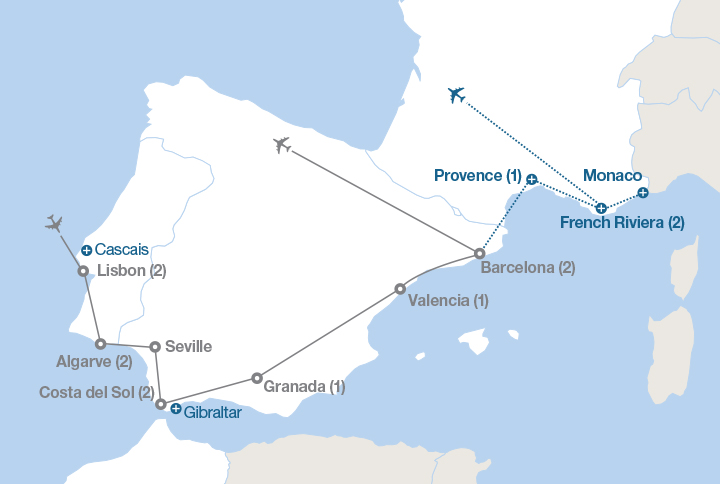 Image displaying map describing the itinerary of the Portugal & Spain tour