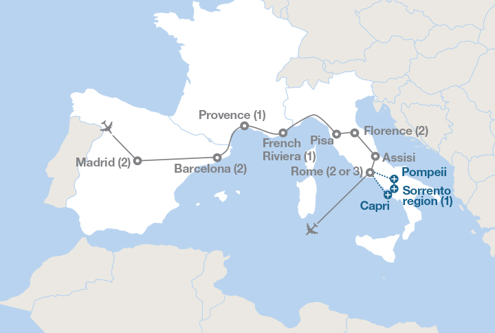 Image displaying map describing the itinerary of the Spain, France and Italy tour
