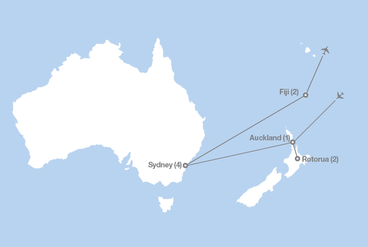 Image displaying map describing the itinerary of the The South Pacific with Fiji tour