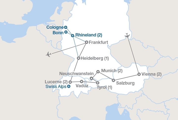 Image displaying map describing the itinerary of the Austria, Germany, and Switzerland tour