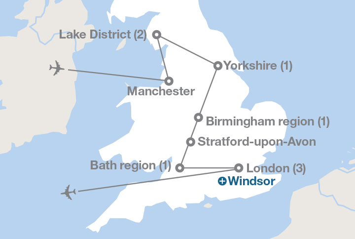 Image displaying map describing the itinerary of the Literature in England tour