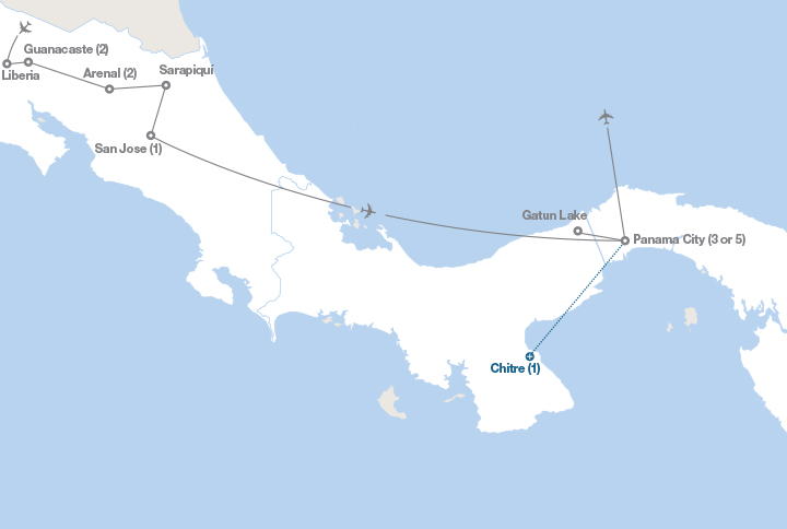 Image displaying map describing the itinerary of the Costa Rica and Panama tour