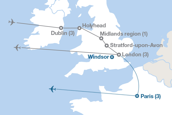 Image displaying map describing the itinerary of the Dublin and London tour