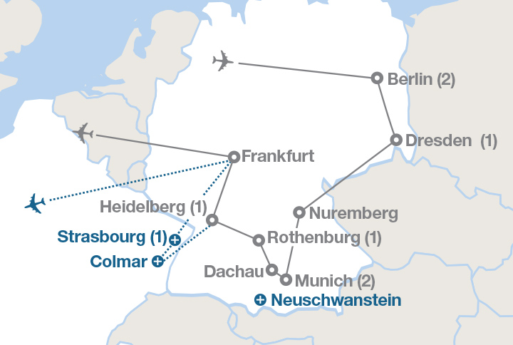 Image displaying map describing the itinerary of the Germany in Depth tour