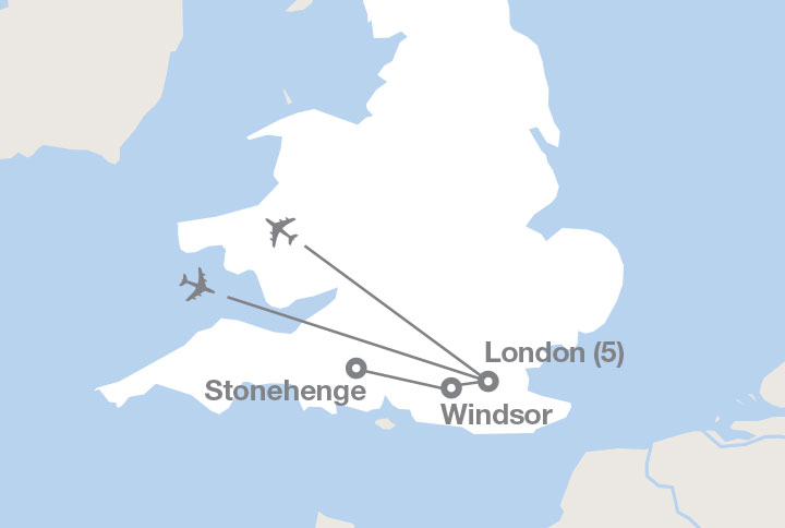 Image displaying map describing the itinerary of the Middle School: Hello London tour