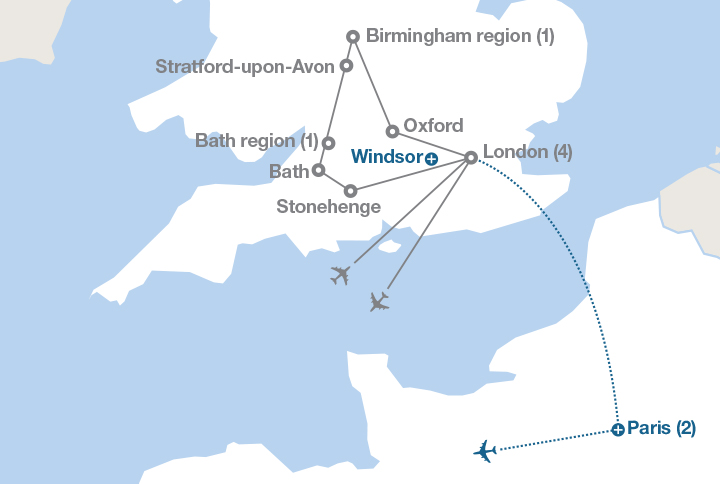 Image displaying map describing the itinerary of the Discover England tour