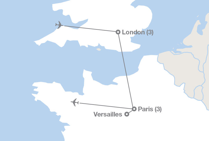 Image displaying map describing the itinerary of the Middle School: From London to Paris tour