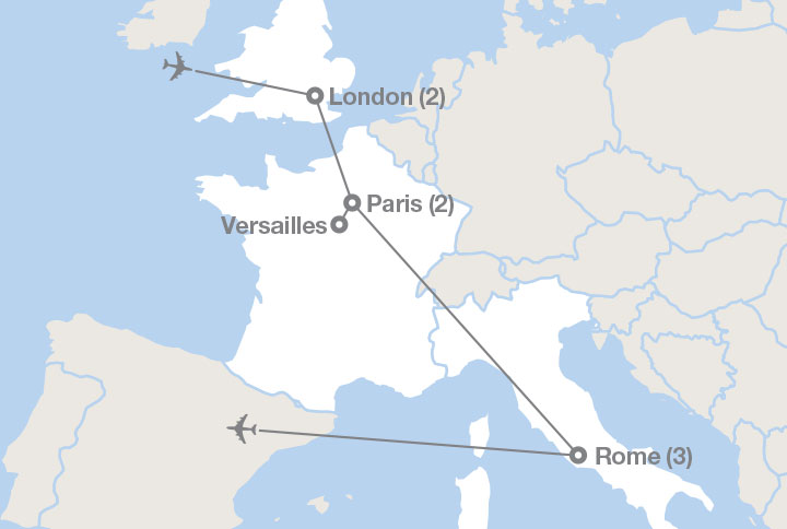 Image displaying map describing the itinerary of the Middle School: Explore Europe tour