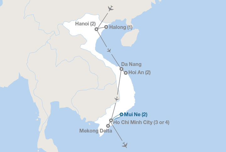 Image displaying map describing the itinerary of the Discover Vietnam tour