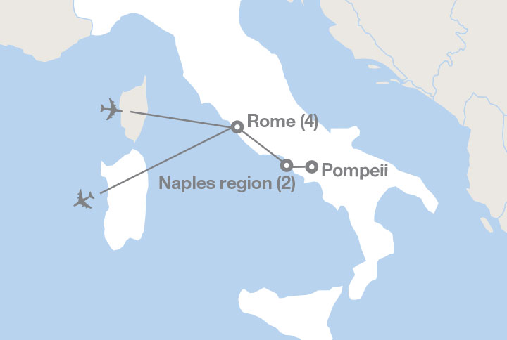 Image displaying map describing the itinerary of the Middle School: Rome and Pompeii tour