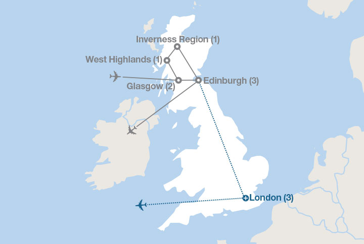 Image displaying map describing the itinerary of the Stories of Scotland tour