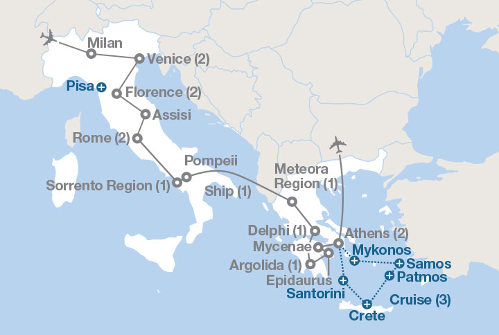 Image displaying map describing the itinerary of the Splendors of the Mediterranean tour