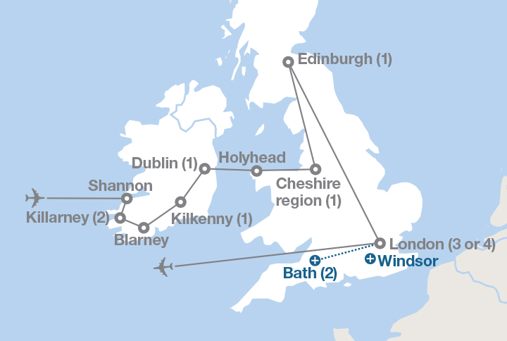 Image displaying map describing the itinerary of the Ireland, Scotland and England tour