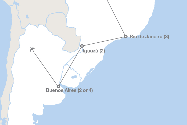 Image displaying map describing the itinerary of the Brazil and Argentina tour
