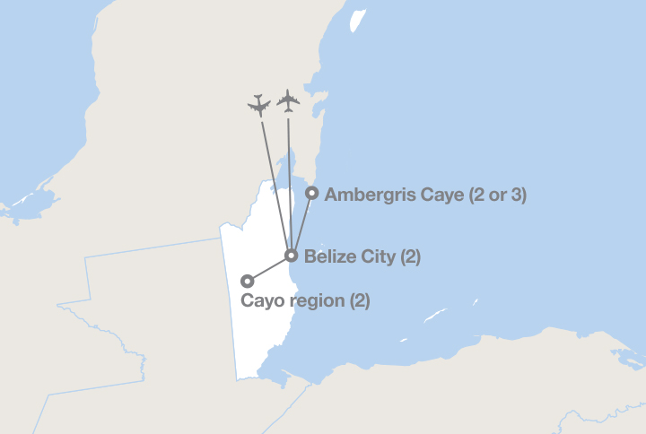 Image displaying map describing the itinerary of the Adventure in Belize tour