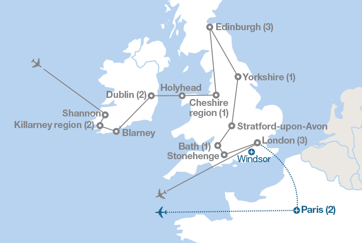 Image displaying map describing the itinerary of the Britain and Ireland in Depth tour