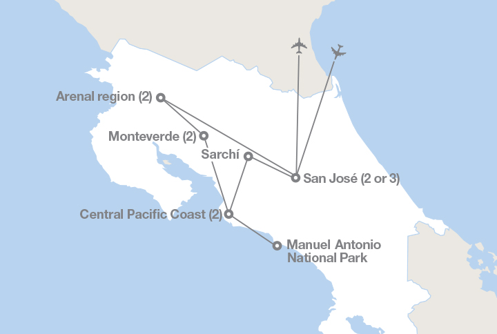 Image displaying map describing the itinerary of the Costa Rica: A Touch of the Tropics tour