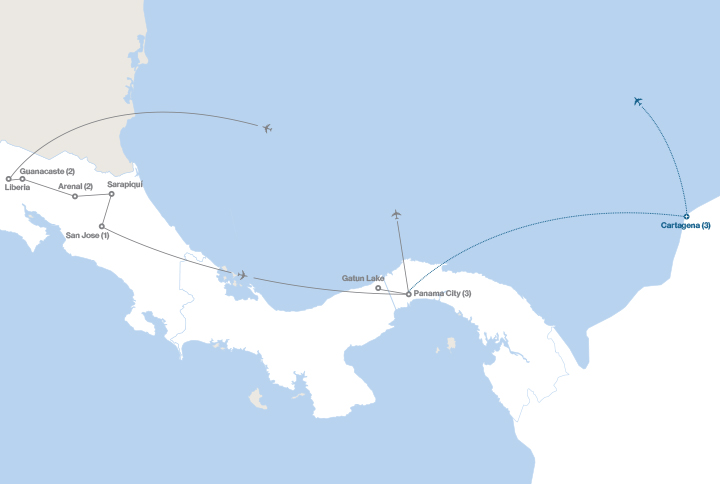 Image displaying map describing the itinerary of the Costa Rica and Panama tour