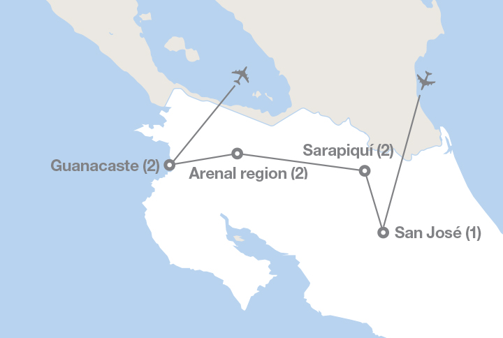 Image displaying map describing the itinerary of the Discover Costa Rica tour