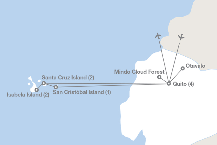 Image displaying map describing the itinerary of the Journey Through the Galápagos tour