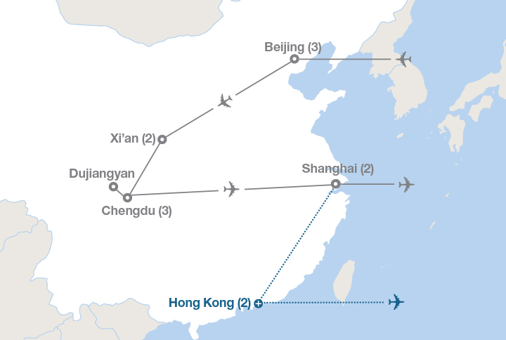 Image displaying map describing the itinerary of the Highlights of China tour