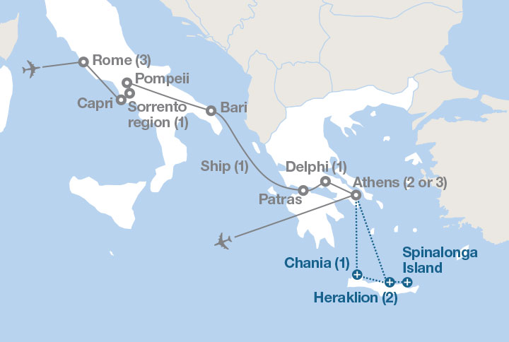 Image displaying map describing the itinerary of the The Ancient Mediterranean tour