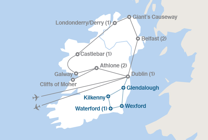 Image displaying map describing the itinerary of the Ireland in Depth tour