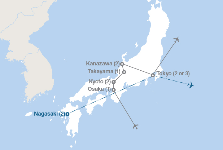 Image displaying map describing the itinerary of the Experience Japan tour