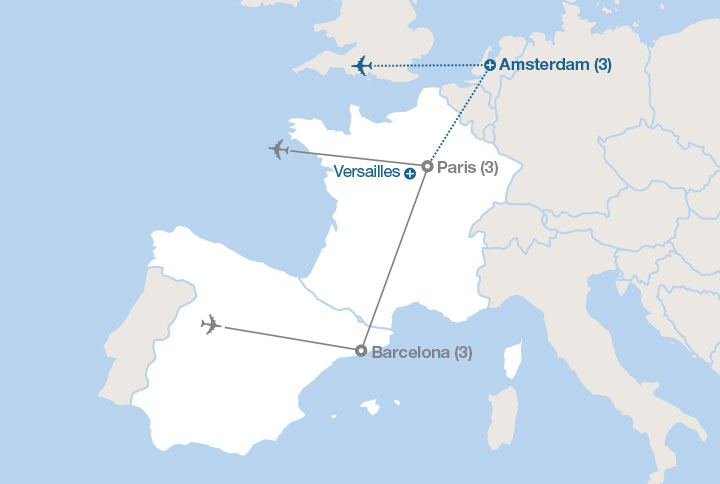 Image displaying map describing the itinerary of the Barcelona & Paris tour