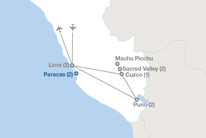 Image displaying map describing the itinerary of the Peru: Cuzco, Machu Picchu and Lake Titicaca tour