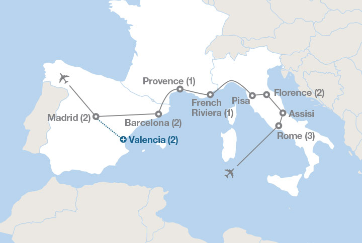 Image displaying map describing the itinerary of the Italy, France and Spain tour