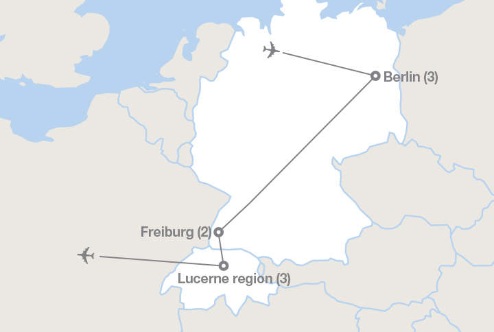 Image displaying map describing the itinerary of the Sustainable Living in Germany and Switzerland tour