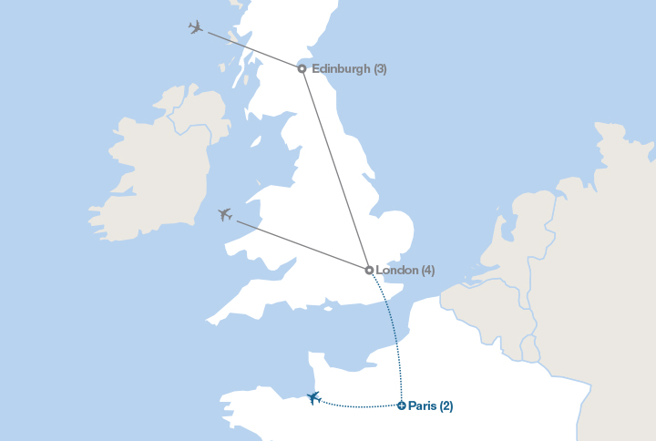 Image displaying map describing the itinerary of the Health Sciences in Great Britain tour