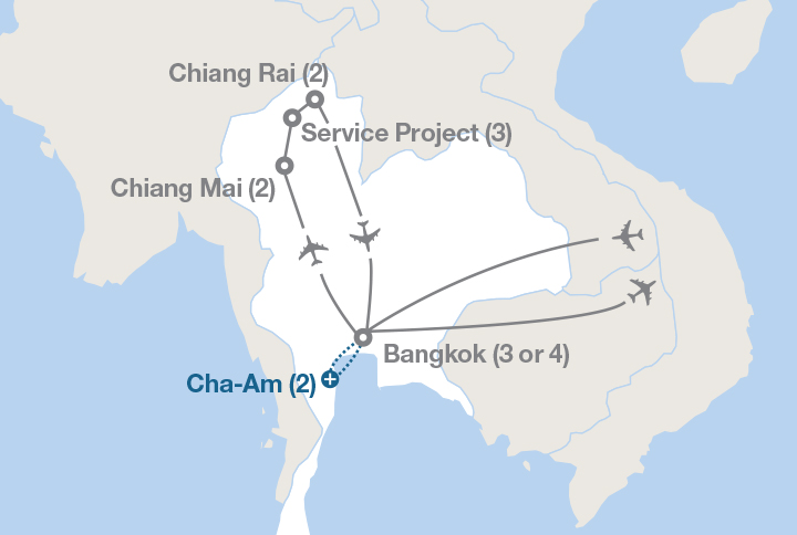 Image displaying map describing the itinerary of the Culture and Service in Thailand tour