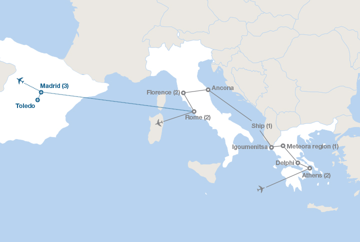 Image displaying map describing the itinerary of the Greece and Italy tour