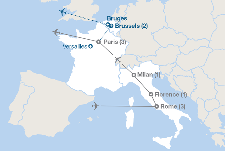 Image displaying map describing the itinerary of the Artists of Italy and France tour