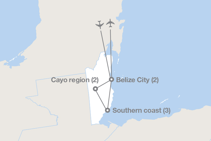 Image displaying map describing the itinerary of the Discover Belize tour