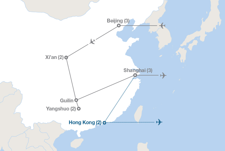 Image displaying map describing the itinerary of the China: From Ancient to Modern tour