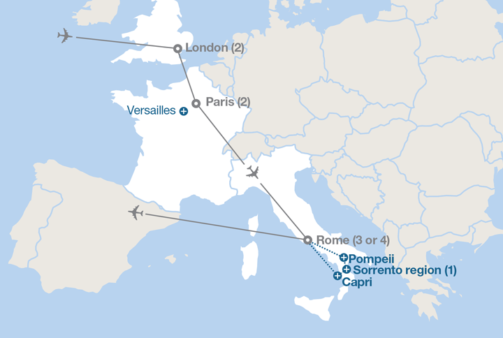 Image displaying map describing the itinerary of the London, Paris and Rome tour