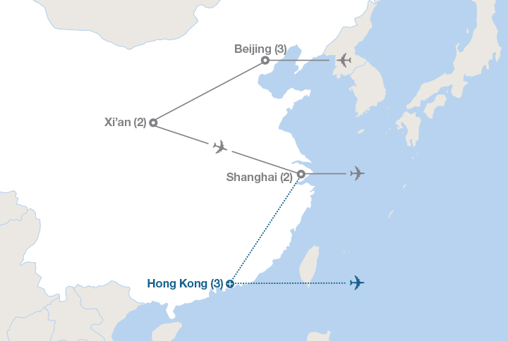 Image displaying map describing the itinerary of the China: Beijing, Xi’an and Shanghai tour