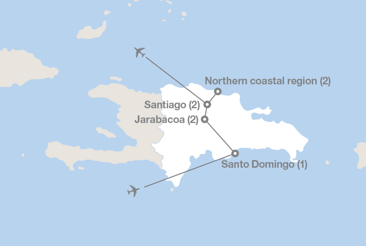 Image displaying map describing the itinerary of the Discover the Dominican Republic tour