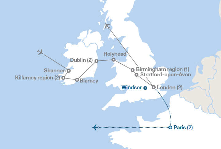 Image displaying map describing the itinerary of the Ireland and England tour